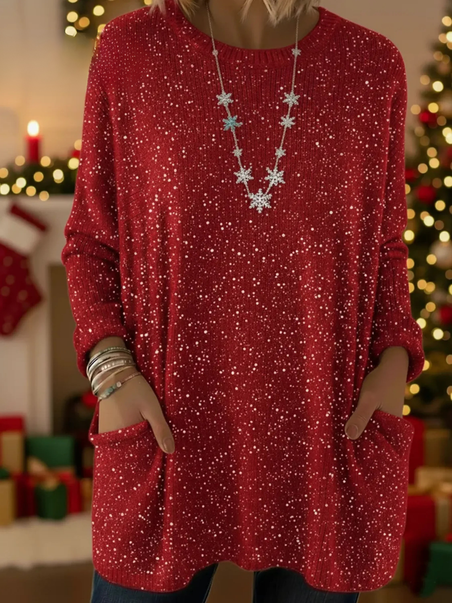 Glinsterende Dames Kersttrui - Ruimvallend model met zak