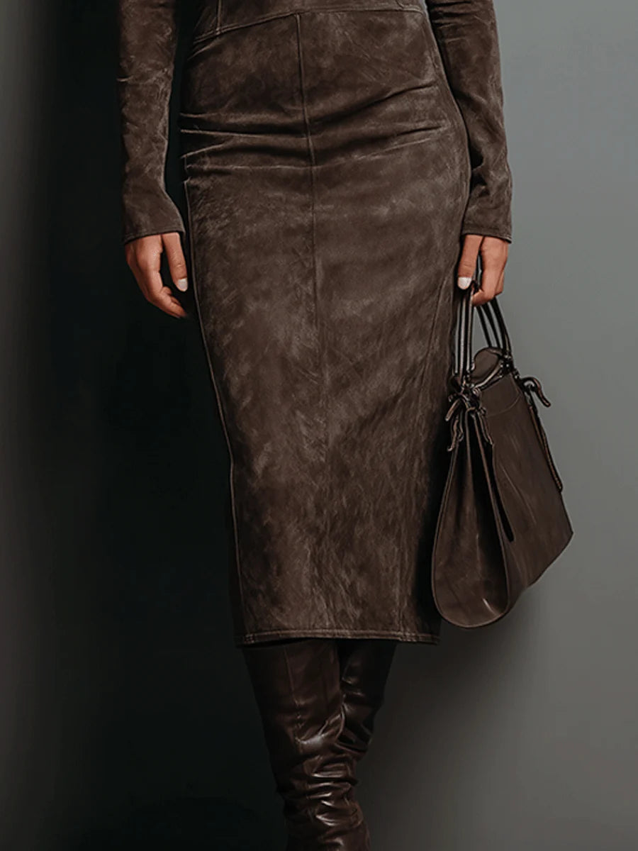 Lara™ | Suede Midi Dress with Turtleneck and Long Sleeves