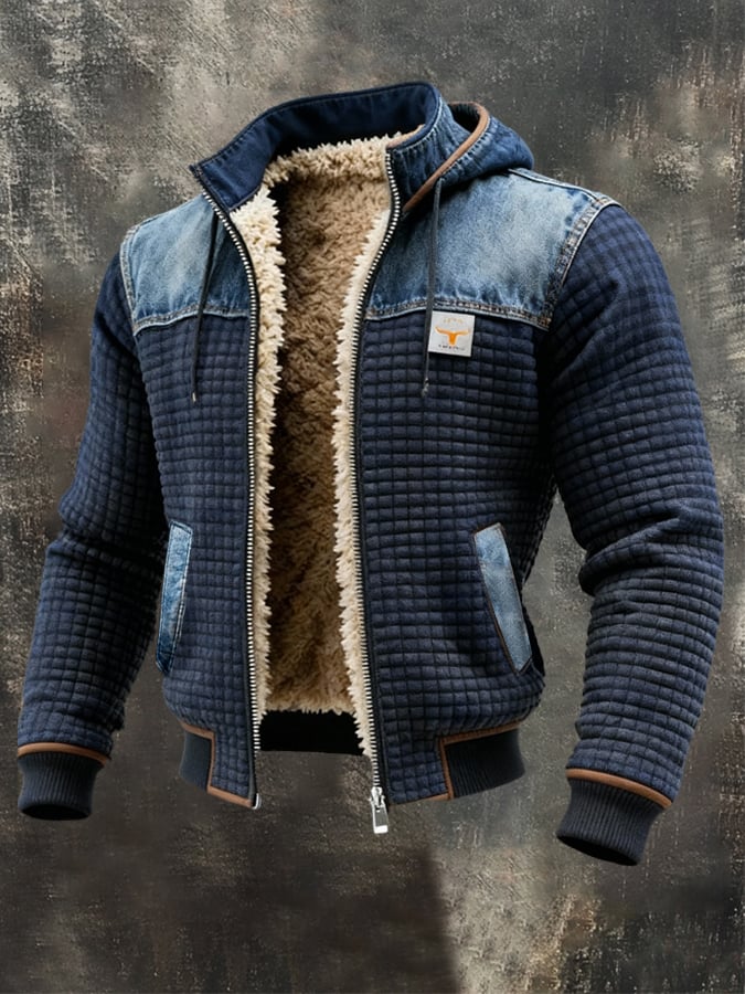 Lorenzo | Marineblauwe gewatteerde jas met denimdetails