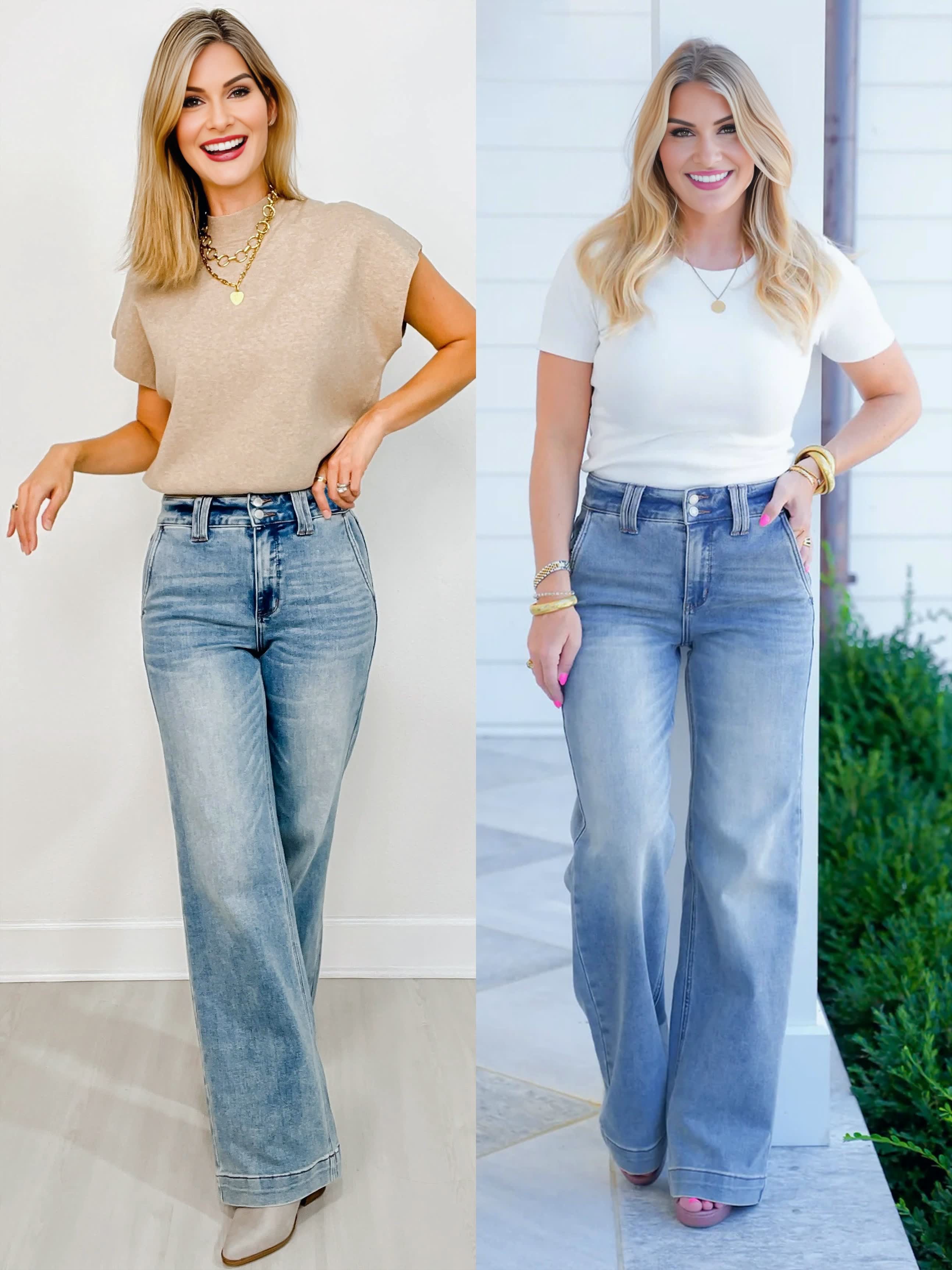 High-waist jeans met dubbele knoopsluiting en wijde pijpen