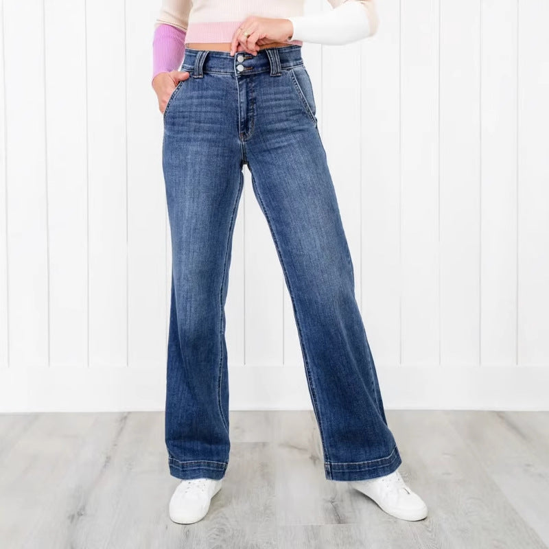 High-waist jeans met dubbele knoopsluiting en wijde pijpen