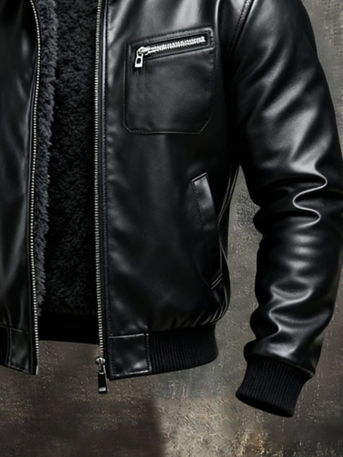 Luca | Warm black leather jacket lined with sherpa