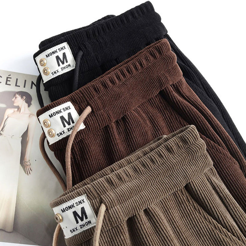 Dikke lange damesbroek met hoge taille en trekkoord