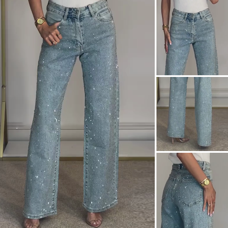 Rhinestone Jeans Met Rechte Pijpen