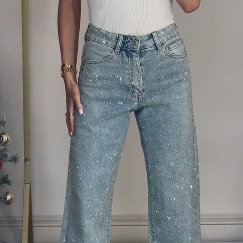 Rhinestone Jeans Met Rechte Pijpen
