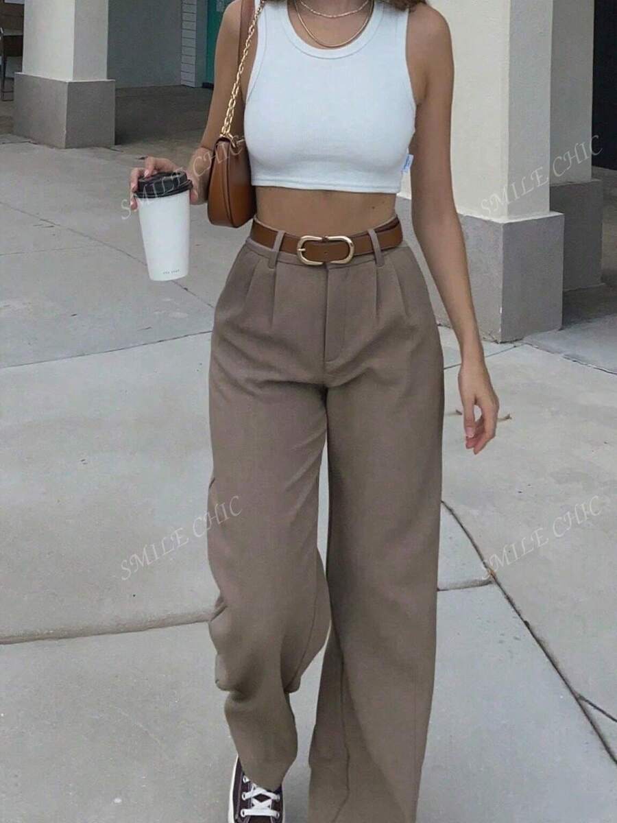 Dames vintage hoge taille broek met geplooid effect