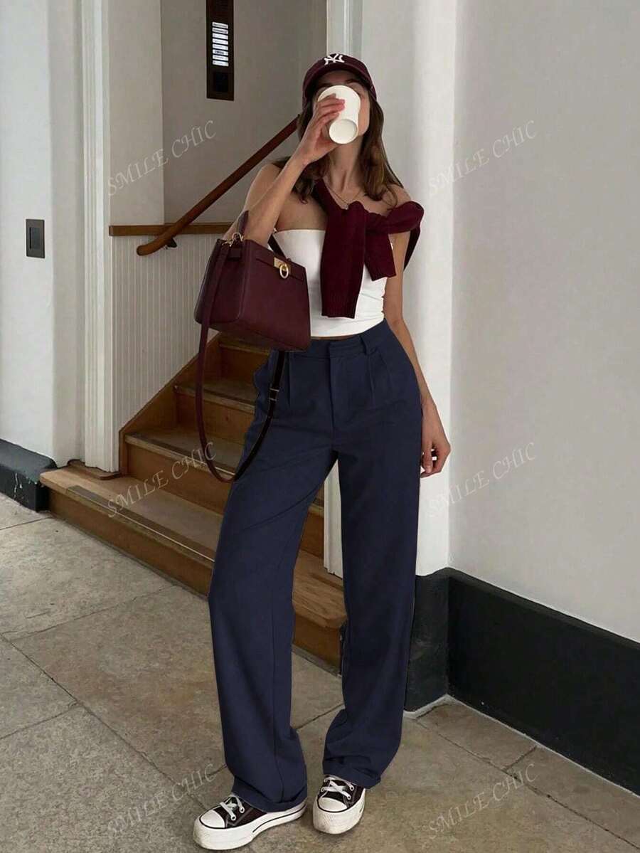 Dames vintage hoge taille broek met geplooid effect