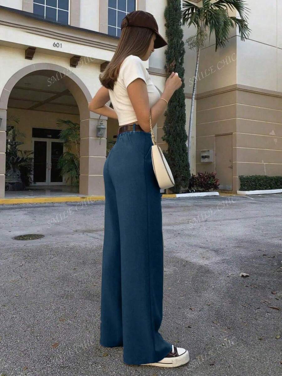 Dames vintage hoge taille broek met geplooid effect