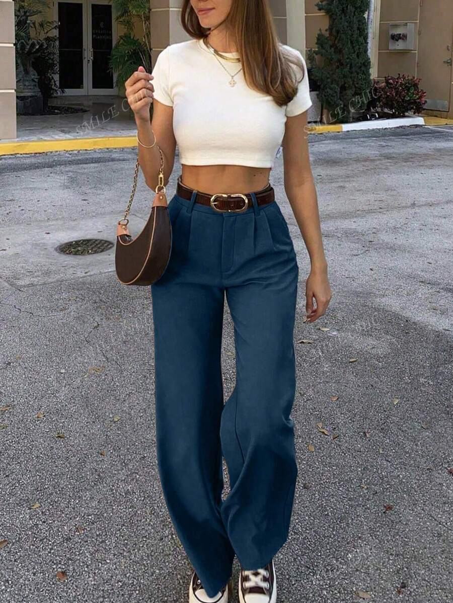 Dames vintage hoge taille broek met geplooid effect