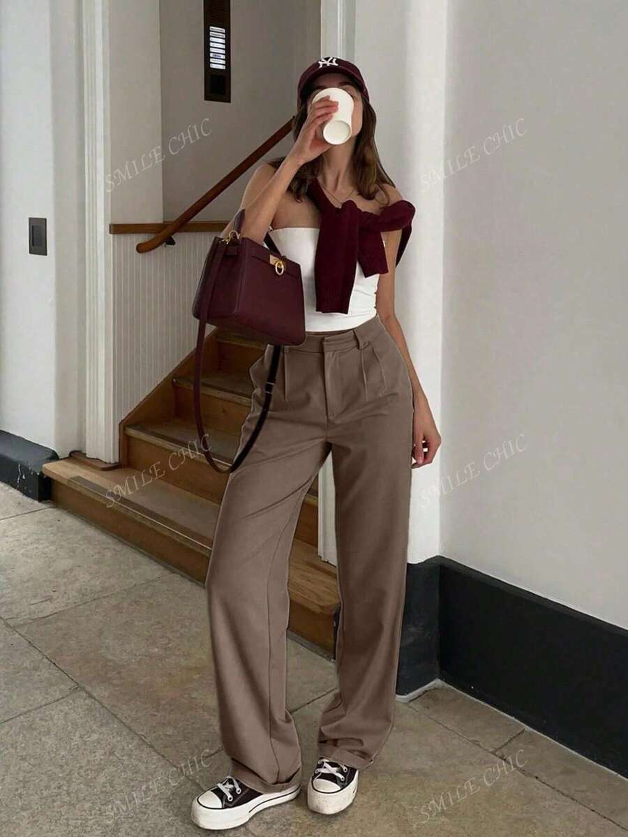 Dames vintage hoge taille broek met geplooid effect