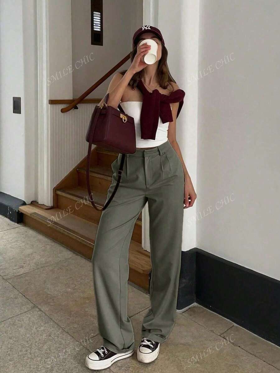 Dames vintage hoge taille broek met geplooid effect