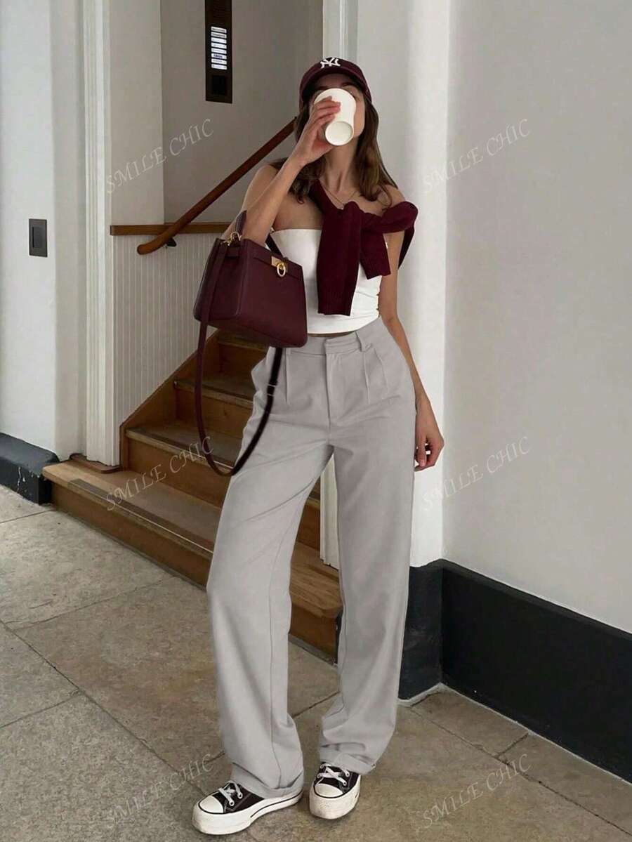 Dames vintage hoge taille broek met geplooid effect