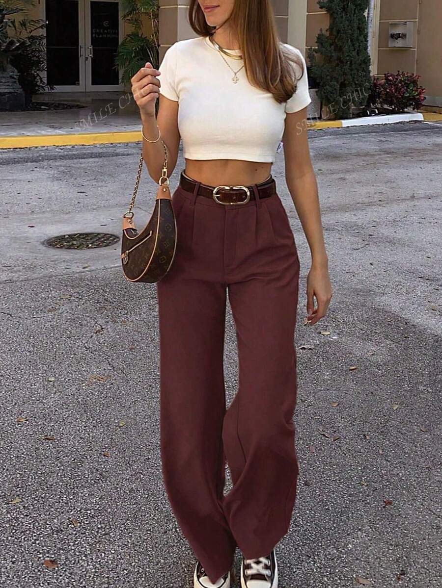 Dames vintage hoge taille broek met geplooid effect