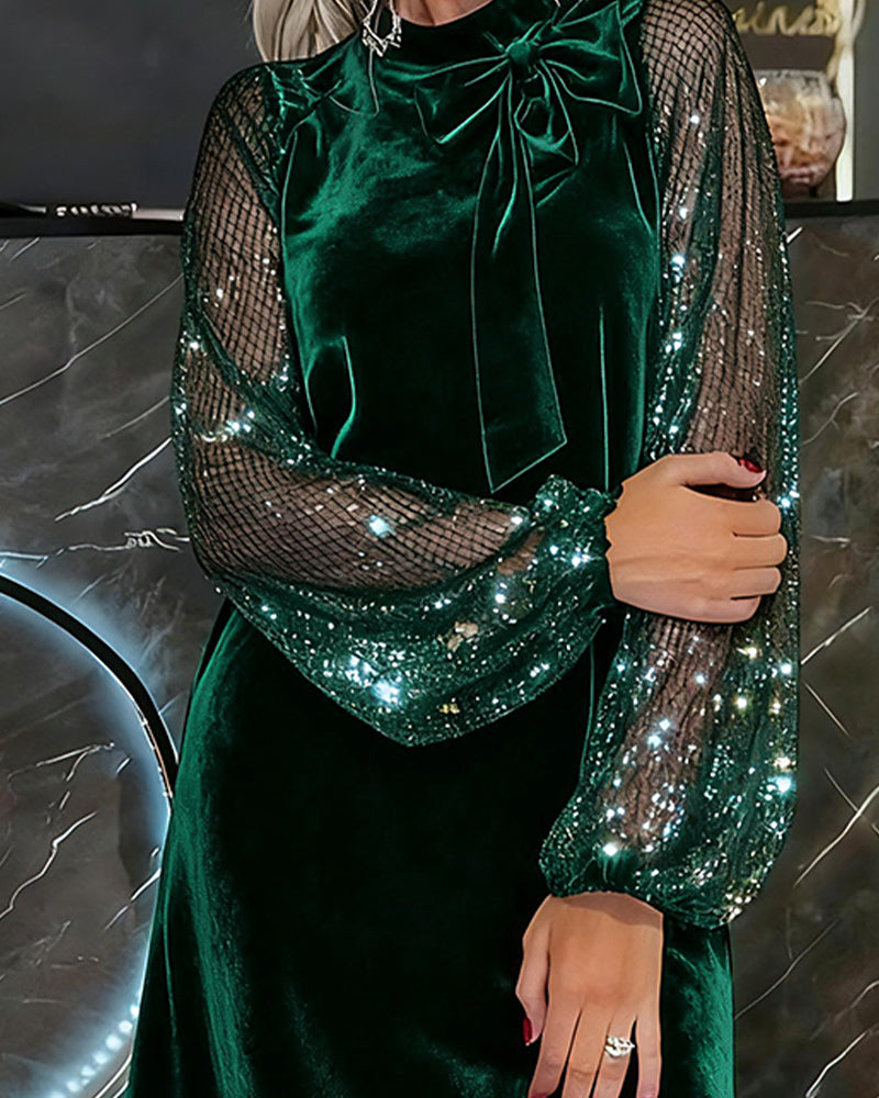 Elegante jurk met sprankelende mouwen en patchwork