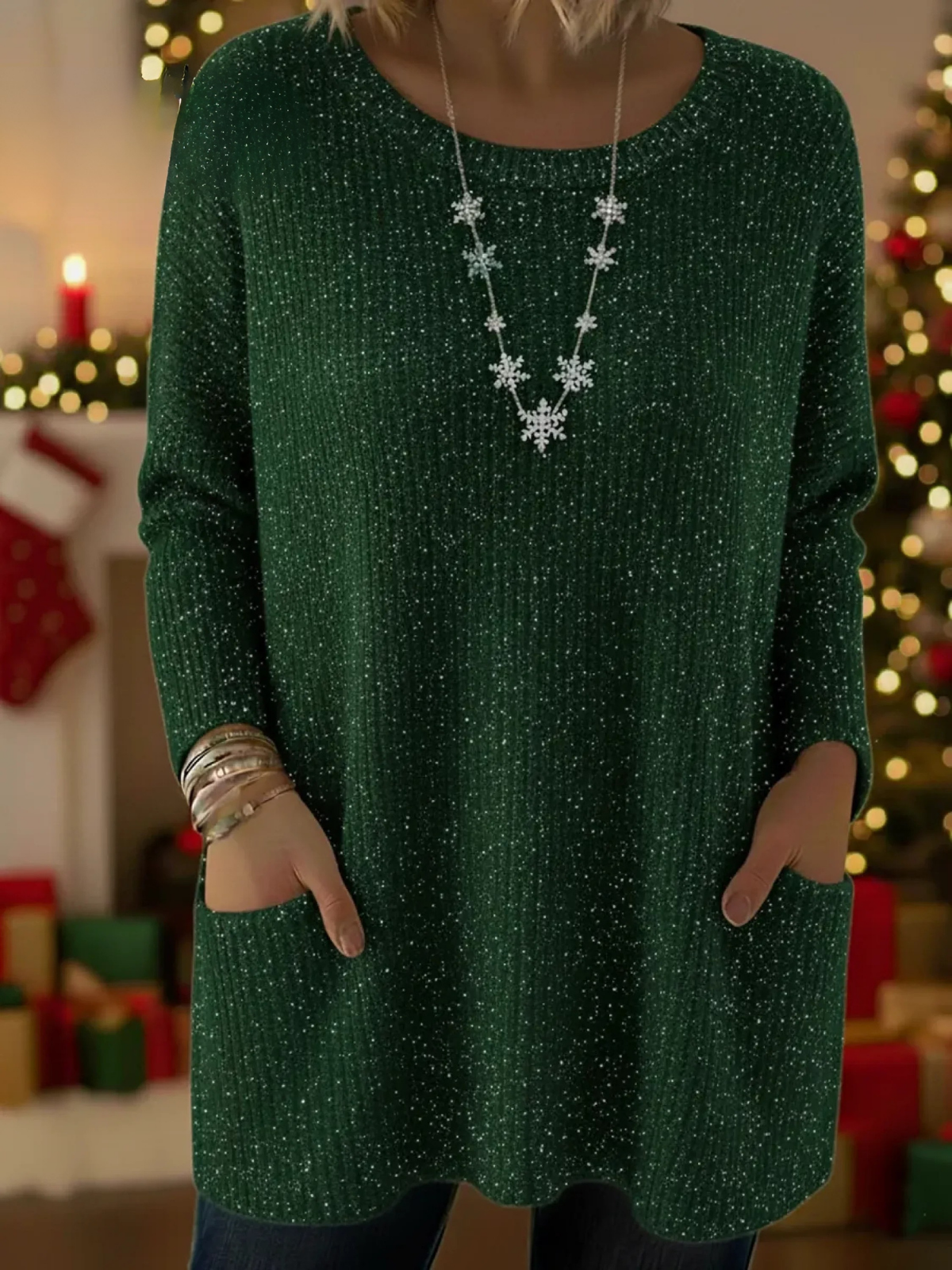 Glinsterende Dames Kersttrui - Ruimvallend model met zak