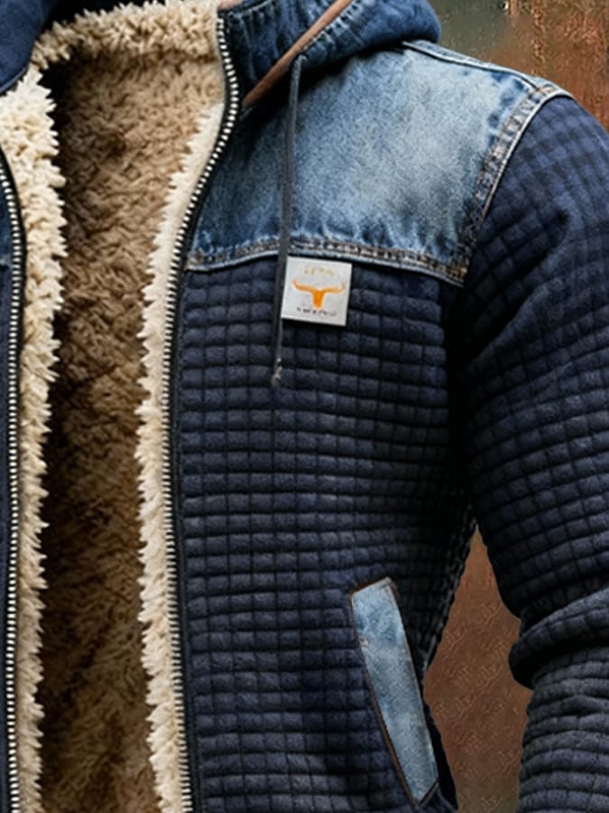 Lorenzo | Marineblauwe gewatteerde jas met denimdetails