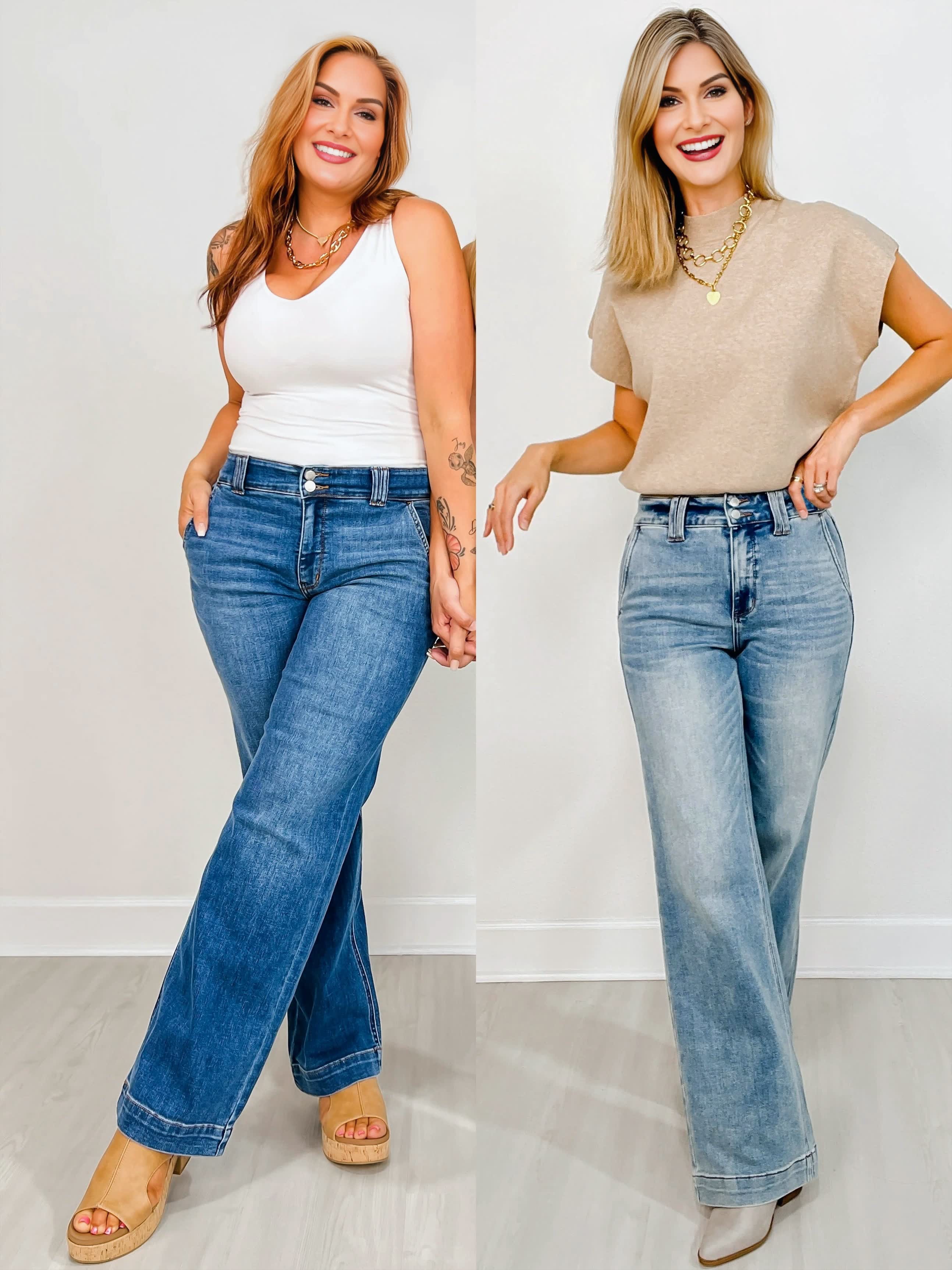 High-waist jeans met dubbele knoopsluiting en wijde pijpen