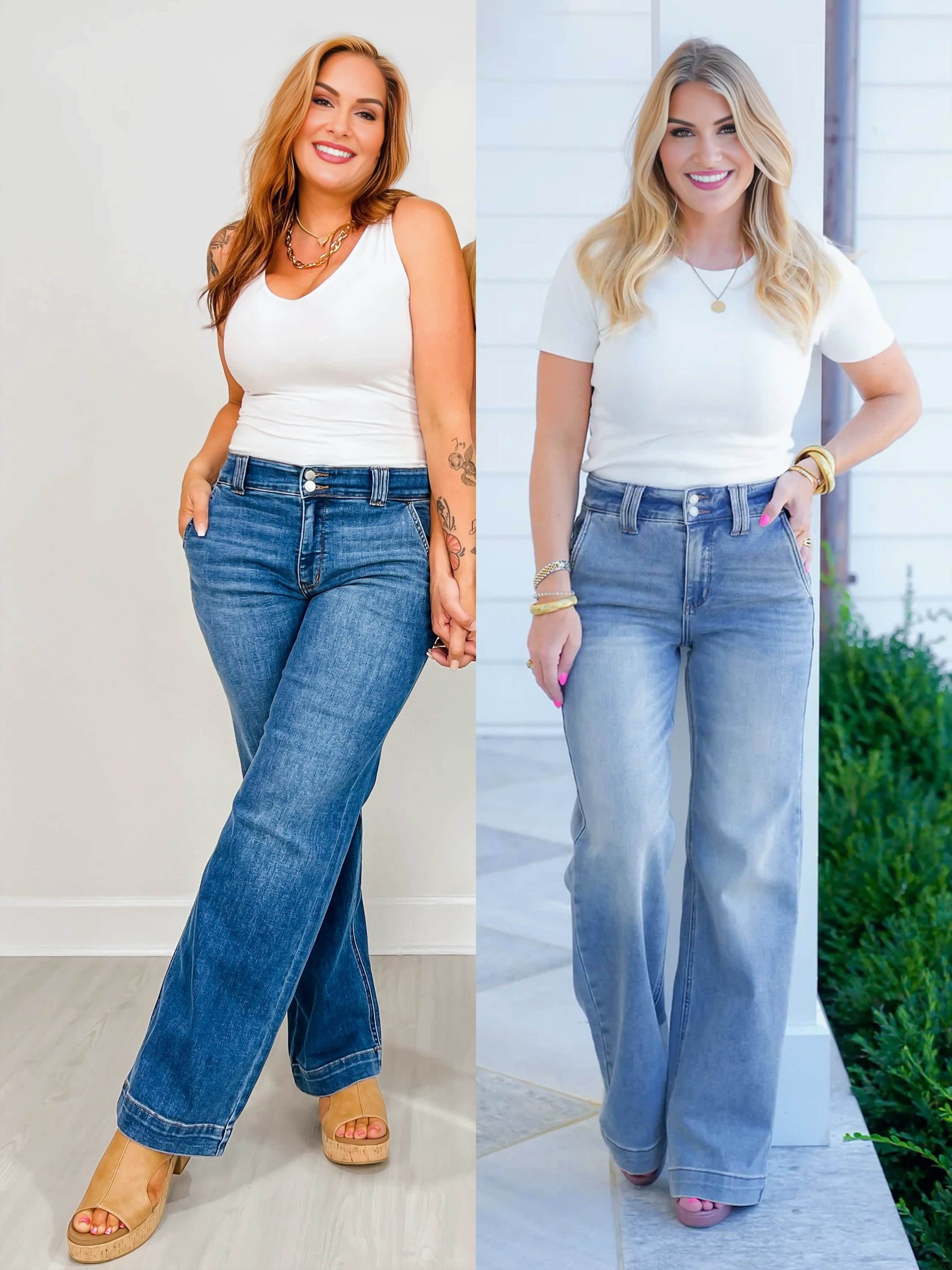High-waist jeans met dubbele knoopsluiting en wijde pijpen