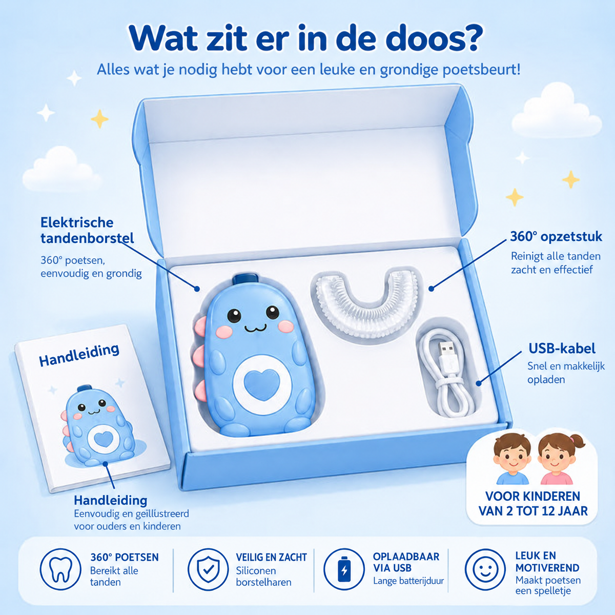 DinoBrush™ - De U-vormige elektrische tandenborstel voor kinderen (2–12 jaar)