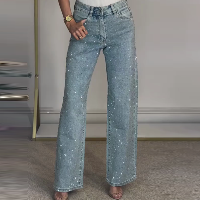 Rhinestone Jeans Met Rechte Pijpen