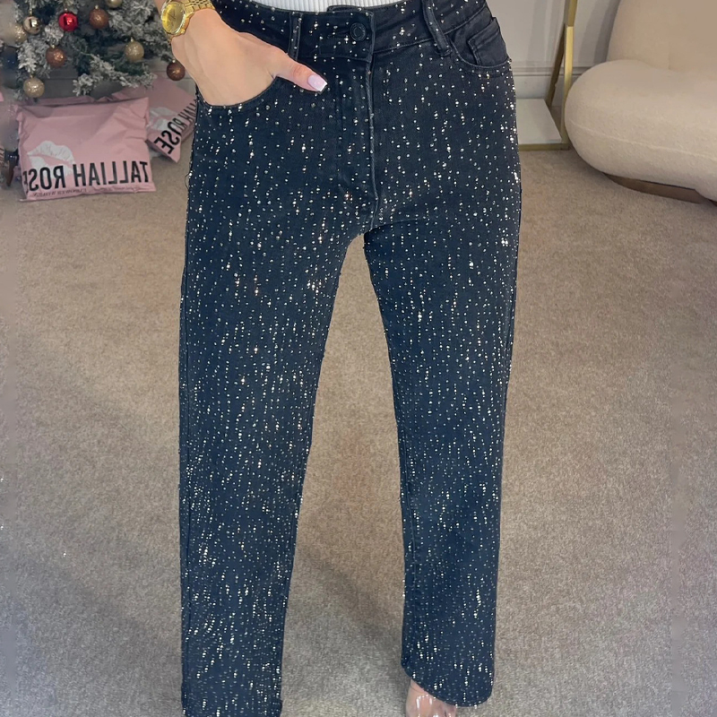 Rhinestone Jeans Met Rechte Pijpen